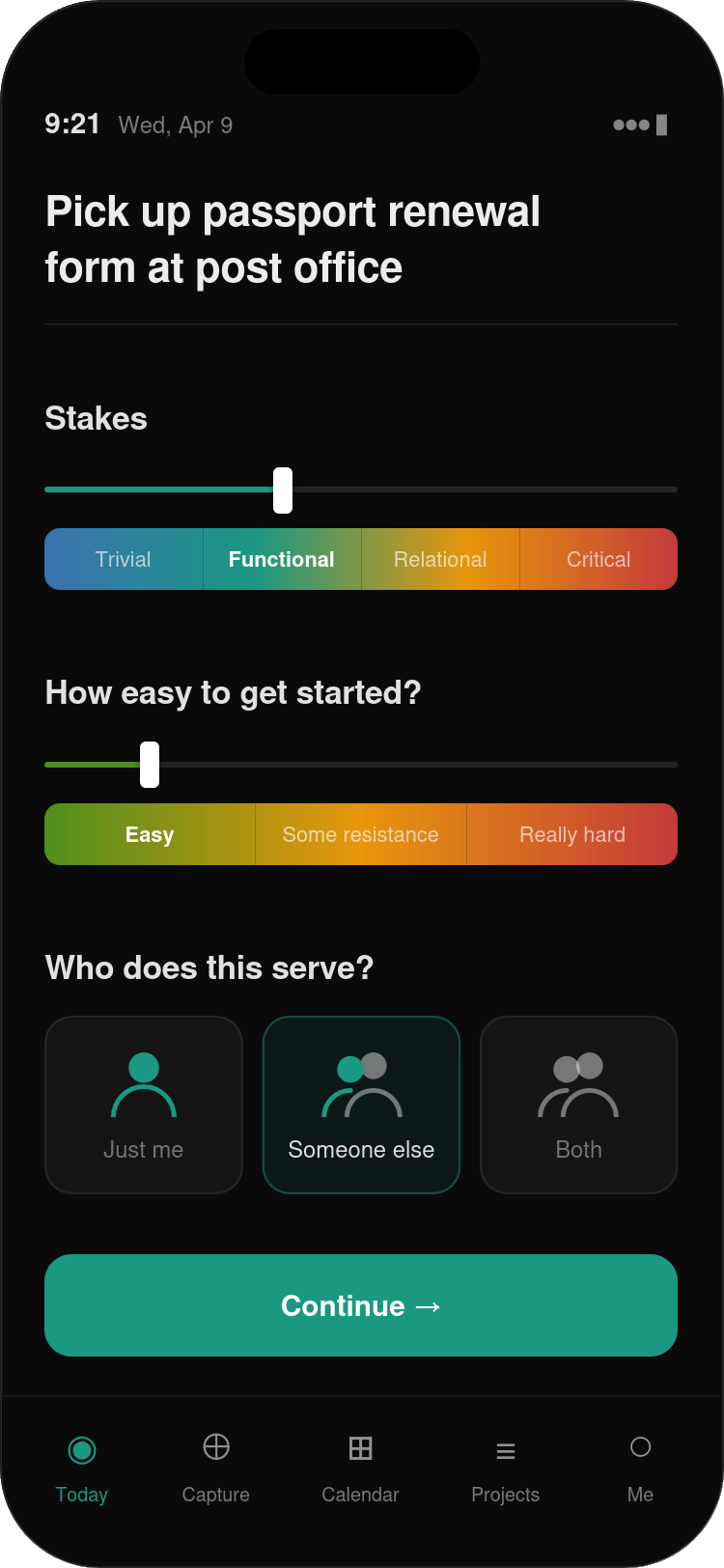 Path A Screen 2 — Stakes, ease of start, who it serves